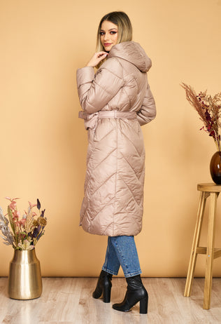 Adina beige long fascinator jacket with hood, drawstring waist and detachable handbag