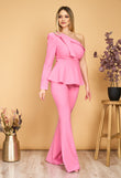 Elegant occasion jumpsuit Dora powder pink with stones and a bare shoulder