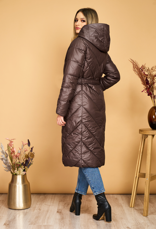 Long brown Adina fascinator jacket with hood, drawstring waist and detachable handbag