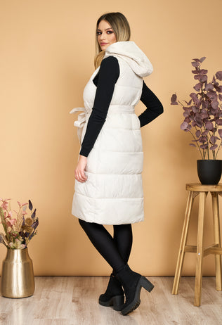 Alice long white vest with hood and drawstring at the waist