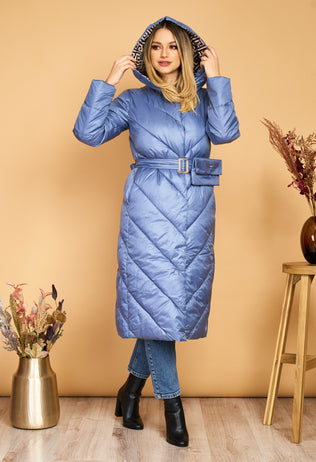 Long blue Adina fascinator jacket with hood, drawstring waist and detachable handbag