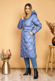 Long blue Adina fascinator jacket with hood, drawstring waist and detachable handbag