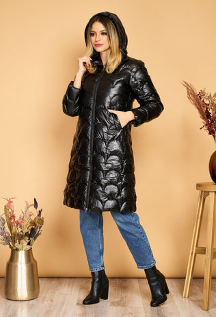 Sheila Long Black Quilted Jacket with Hood
