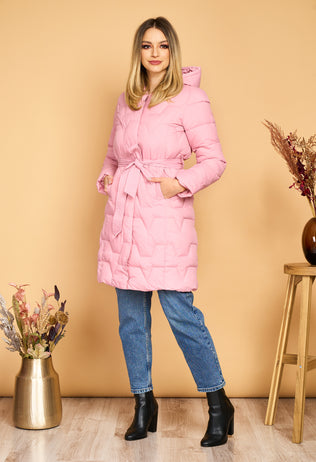Long powder pink Susan fascinator jacket with hood and drawstring at the waist 