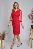 Elegant red Andra midi dress with tulle sleeves &amp; beads 