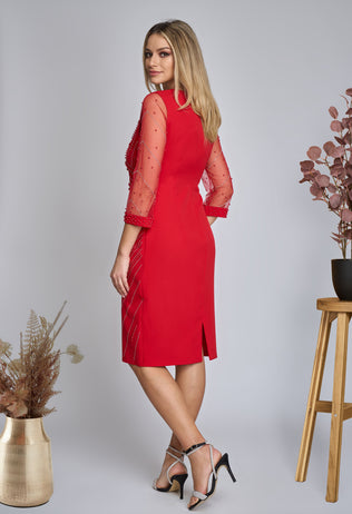 Elegant red Andra midi dress with tulle sleeves &amp; beads 