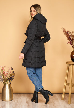 Long black Susan jacket with hood and drawstring at the waist