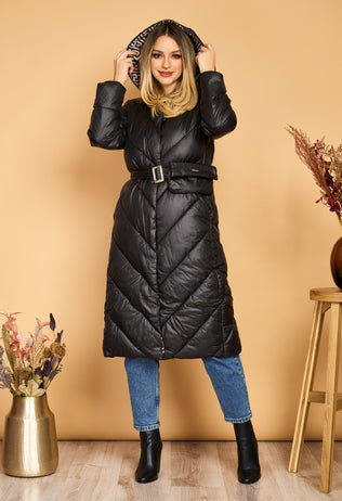 Long black Adina fascinator jacket with hood, drawstring waist and detachable handbag