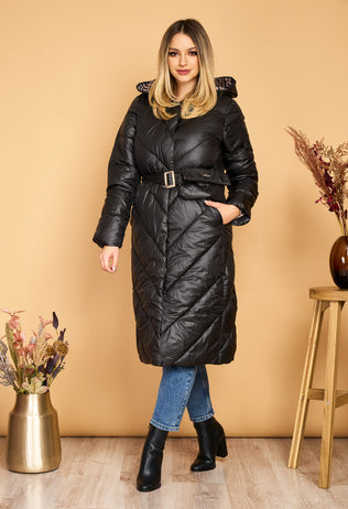 Long black Adina fascinator jacket with hood, drawstring waist and detachable handbag