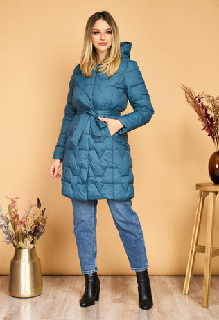 Long blue Susan fascinator jacket with hood and drawstring at the waist