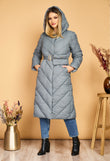 Blue-grey Adina long fascinator jacket with hood, drawstring waist and detachable handbag