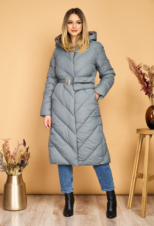 Blue-grey Adina long fascinator jacket with hood, drawstring waist and detachable handbag
