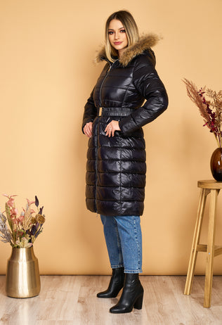 Long black Corina fascinator jacket with natural fur hood and elastic cord at the waist