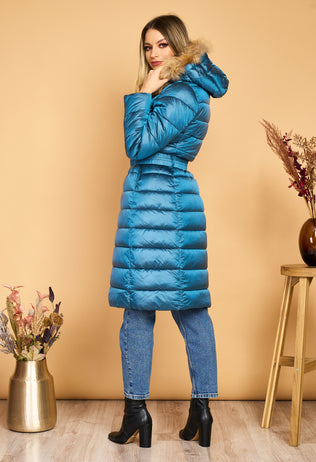 Long blue Corina fascinator jacket with natural fur hood and elastic cord at the waist