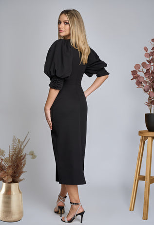 Elegant black Yvonne dress with 3D flower 
