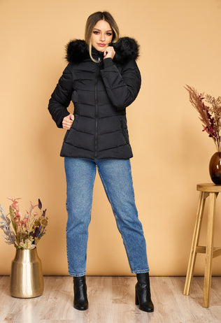 Black Ania fascinator jacket with hood and eco fur