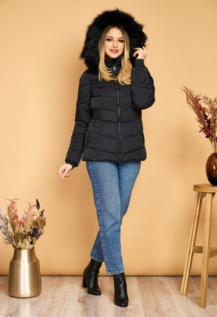 Black Ania fascinator jacket with hood and eco fur