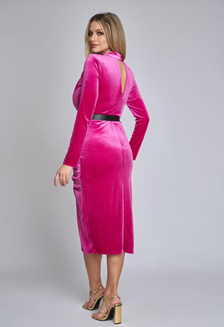 Kim occasion dress in fuchsia velvet with long sleeves