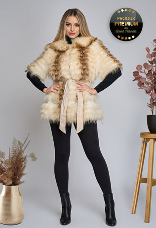 Abigail beige fur vest with cord and collar 