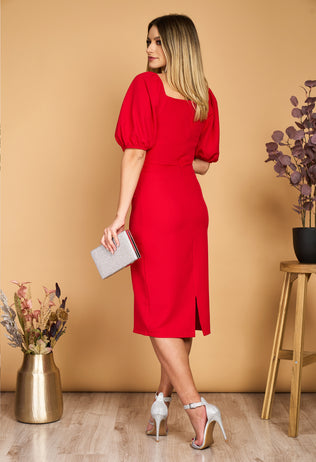 Letitia elegant red midi dress with plunging neckline 