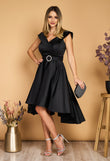 Asymmetric Lolita midi dress in black satin with belt