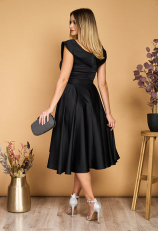 Asymmetric Lolita midi dress in black satin with belt