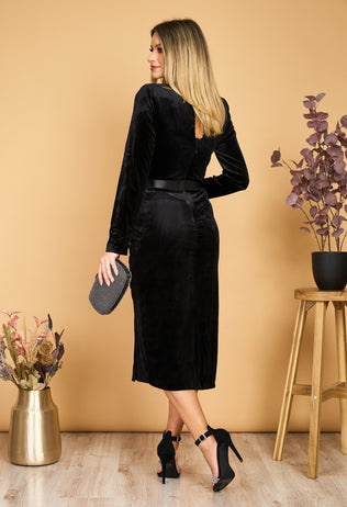 Kim occasion dress in black velvet with long sleeves