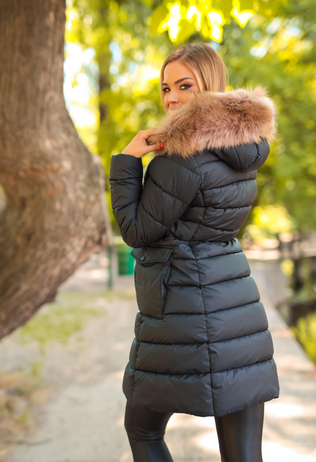 Geaca din fas Lisa neagra cu gluga si blana eco maro