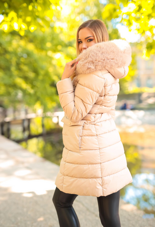 Lisa beige fascinator jacket with hood and eco fur