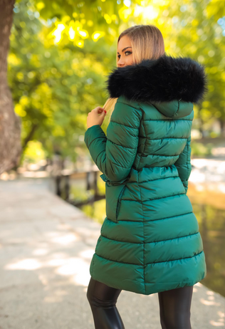 Lisa green fascinator jacket with hood and eco fur