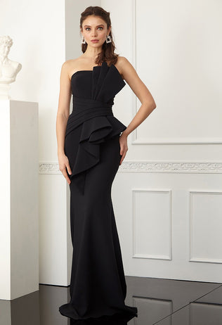 Sofia long black occasion dress with drapes and bare shoulders 