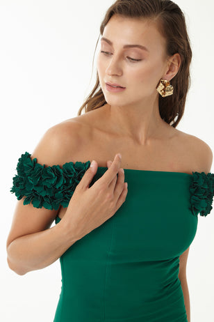 Rochie eleganta Elvira midi verde cu broderie 3D
